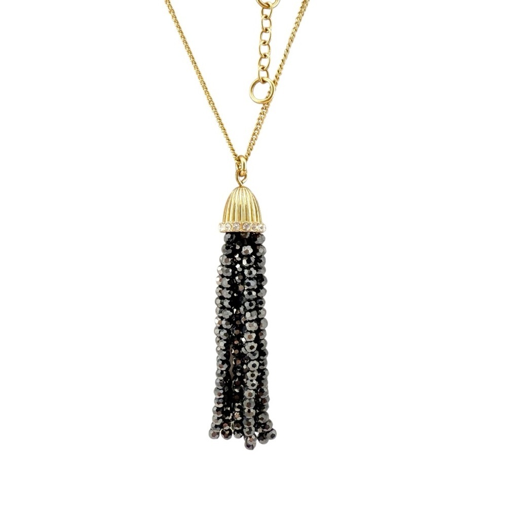 J Crew Necklace with Gold Tone Details and Black Beaded Tassel